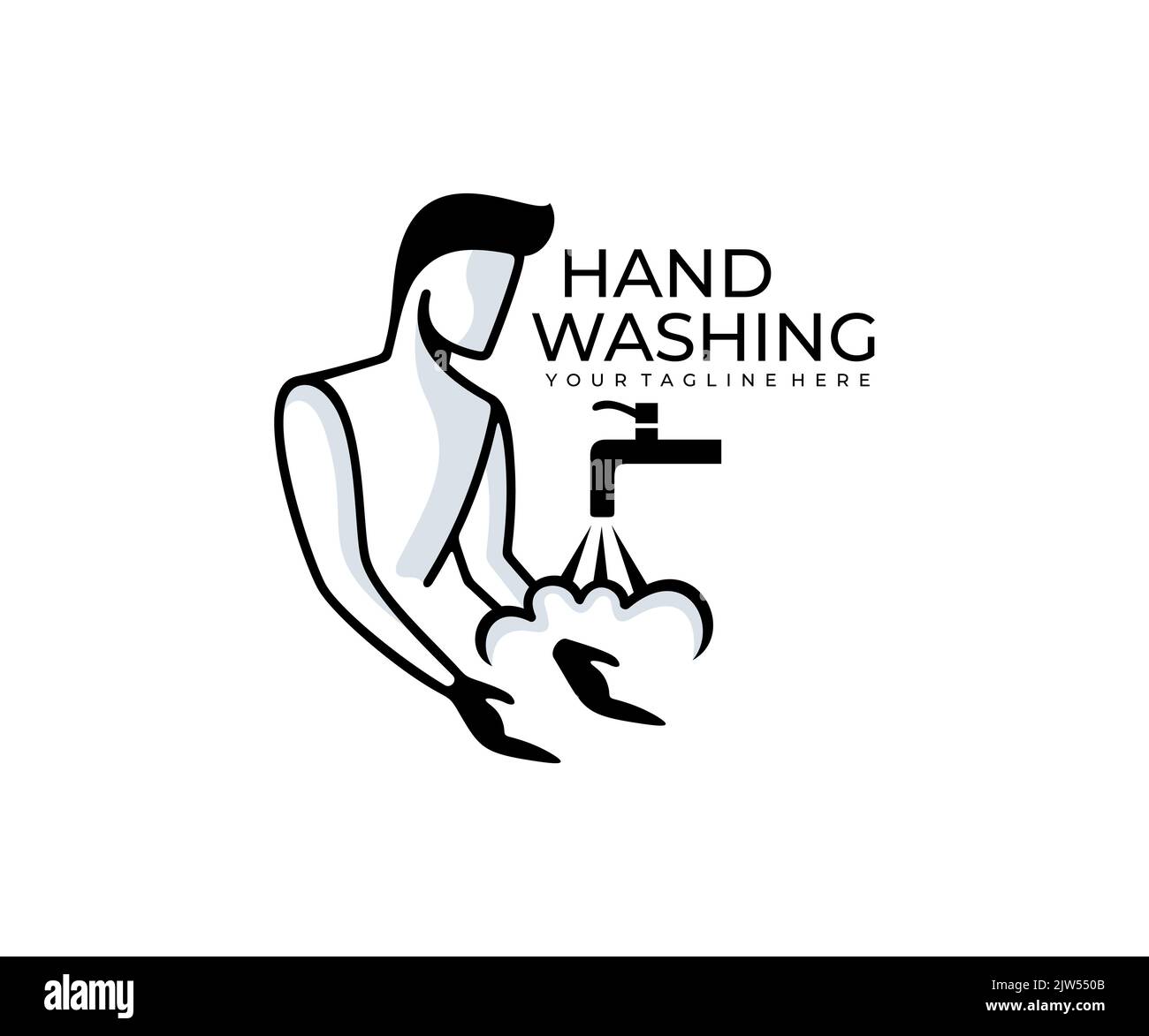 L'homme lave ses mains et l'eau coule du robinet, logo. Propreté, hygiène et hygiène, conception et illustration de vecteurs Illustration de Vecteur