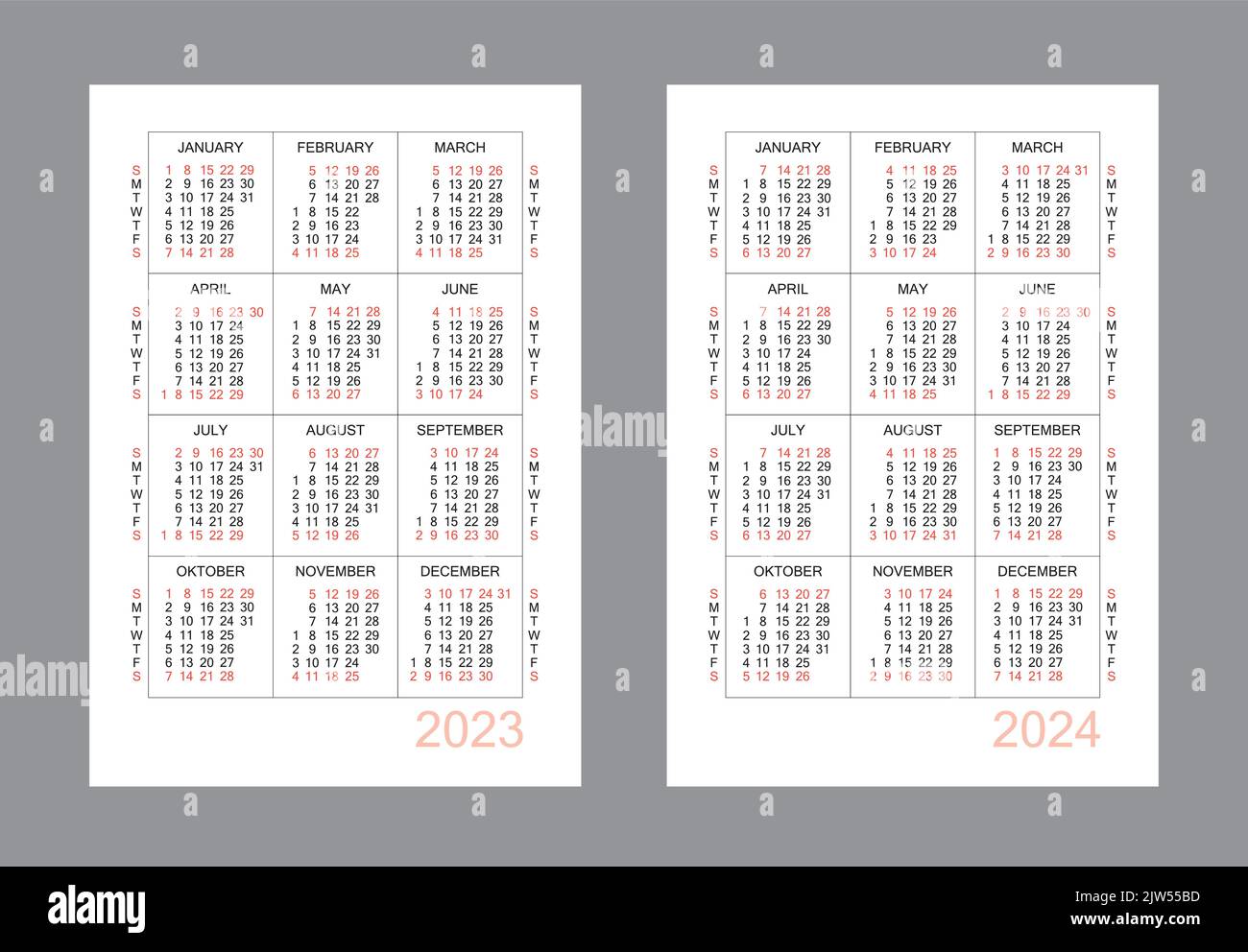 Calendrier vertical pour 2 ans - 2023, 2024. Grille de calendrier simple isolée sur fond blanc, du dimanche au lundi, modèle d'entreprise. Calendrier annuel Illustration de Vecteur