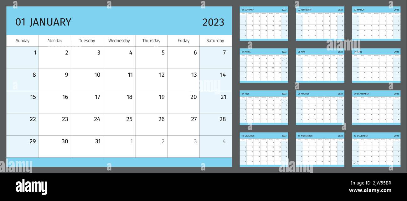Calendrier horizontal pour 2023 ans, 1 mois sur chaque page. Grille de