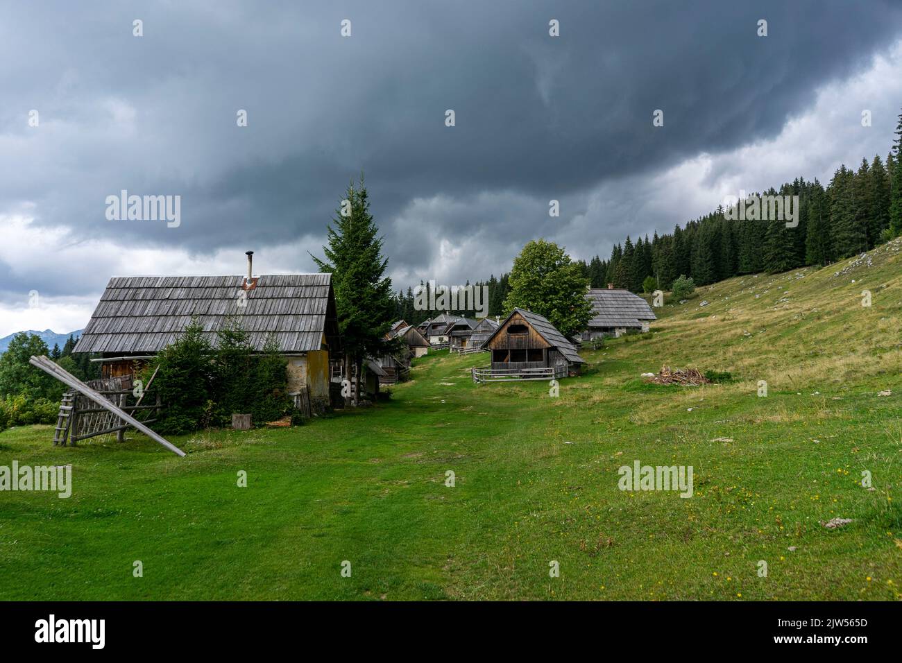 Les huttes de Shepherd sont utilisées chaque été pendant des siècles. Quelques mois, le berger et le bétail restent dans les plateaux de pâturage de Bohinj. Banque D'Images