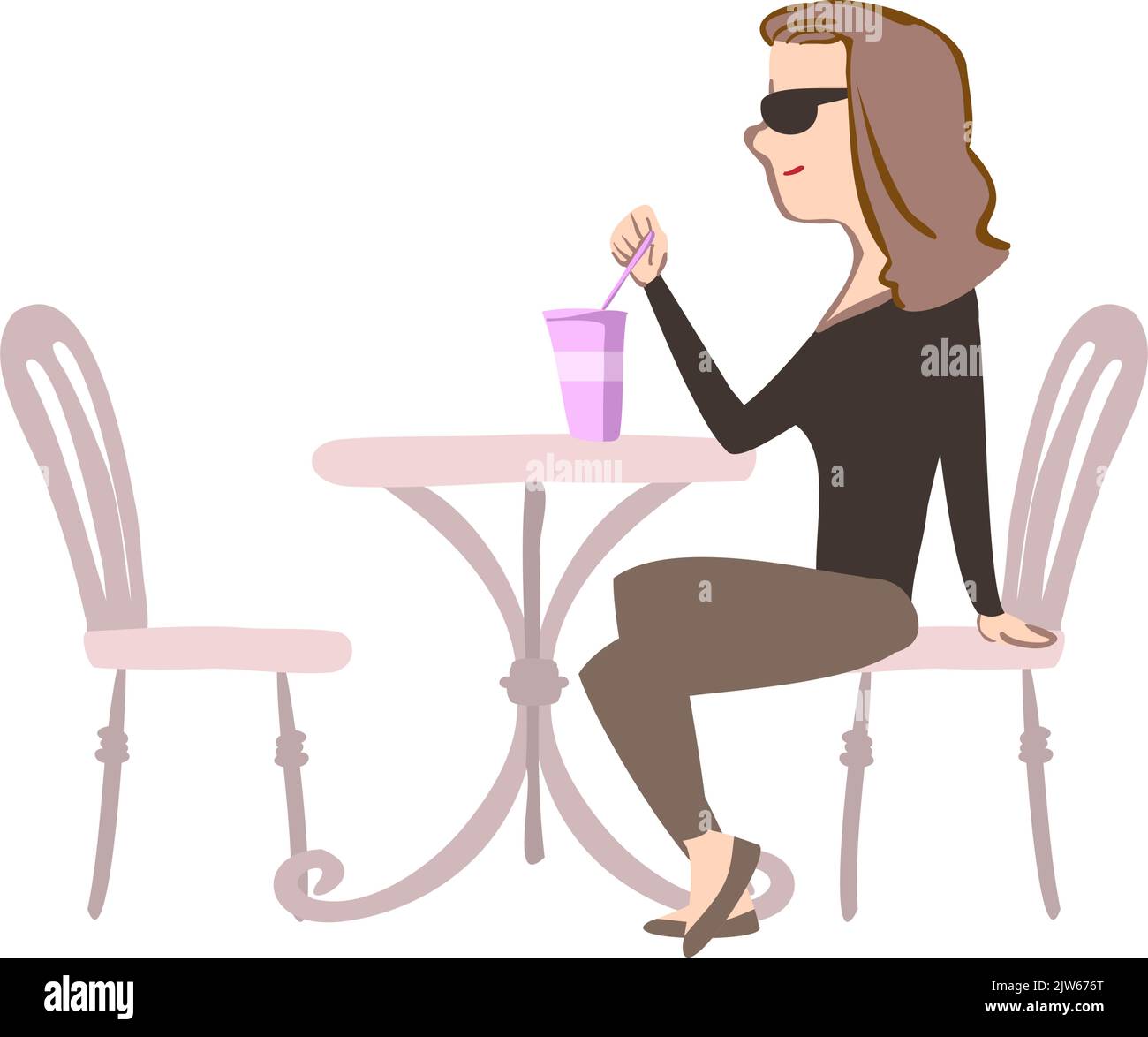 Illustration d'une femme buvant du jus à une table de café Illustration de Vecteur
