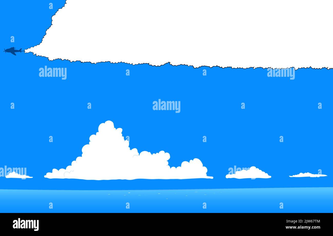 Illustration d'une mer avec ciel bleu et nuages d'approche en été avec bulle de discours contrail Illustration de Vecteur