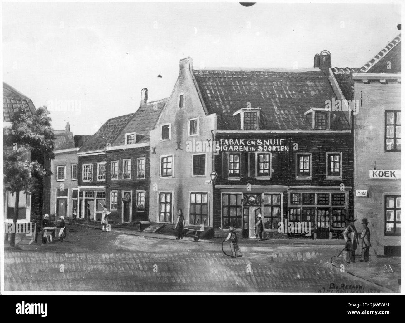 Vue sur le Hoekhuis Lange Viestraat 23 à Utrecht avec un visage sur la gauche dans la Korte Viestraat où la maison a son mur latéral. Dans ce bâtiment, le magasin de cigares de H.G. et M.A. van Hagen a été établi. Banque D'Images