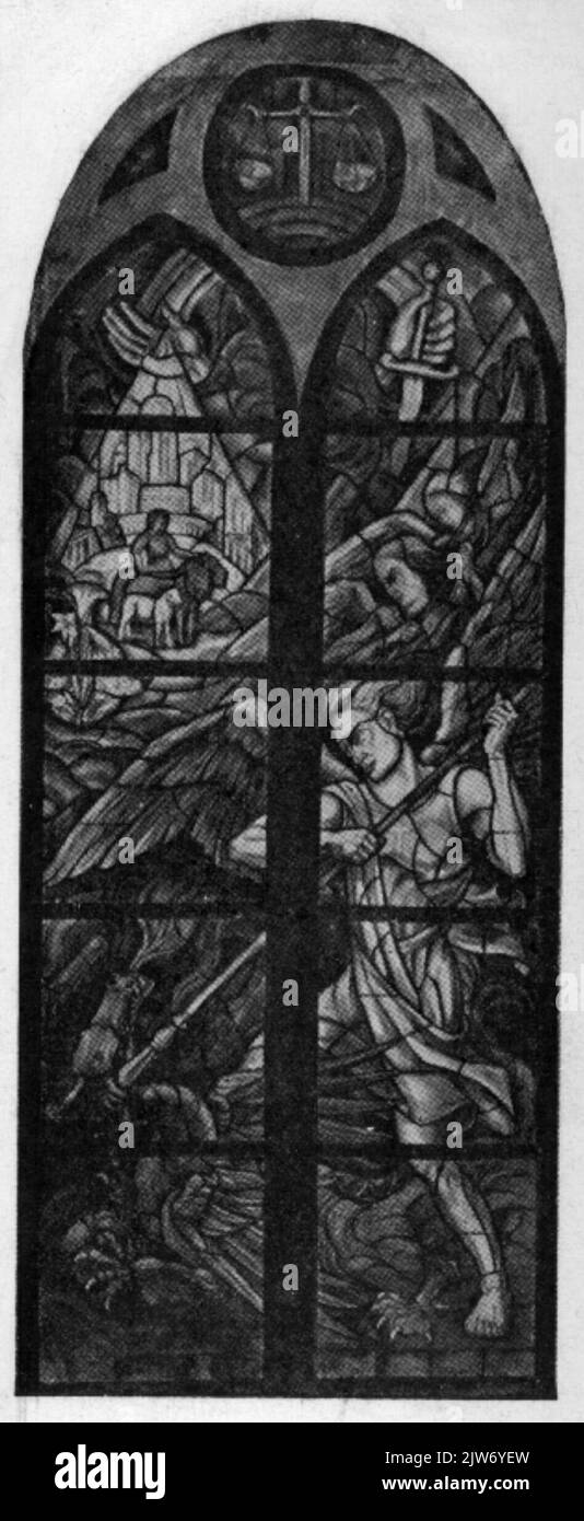 Image d'une fenêtre colorée conçue par J. H. E. Schilling dans le Leeuwenberghkerk (Servaasbolwerk 1) à Utrecht: La fenêtre du Royaume de Dieu (après Apocalypse 21). Banque D'Images