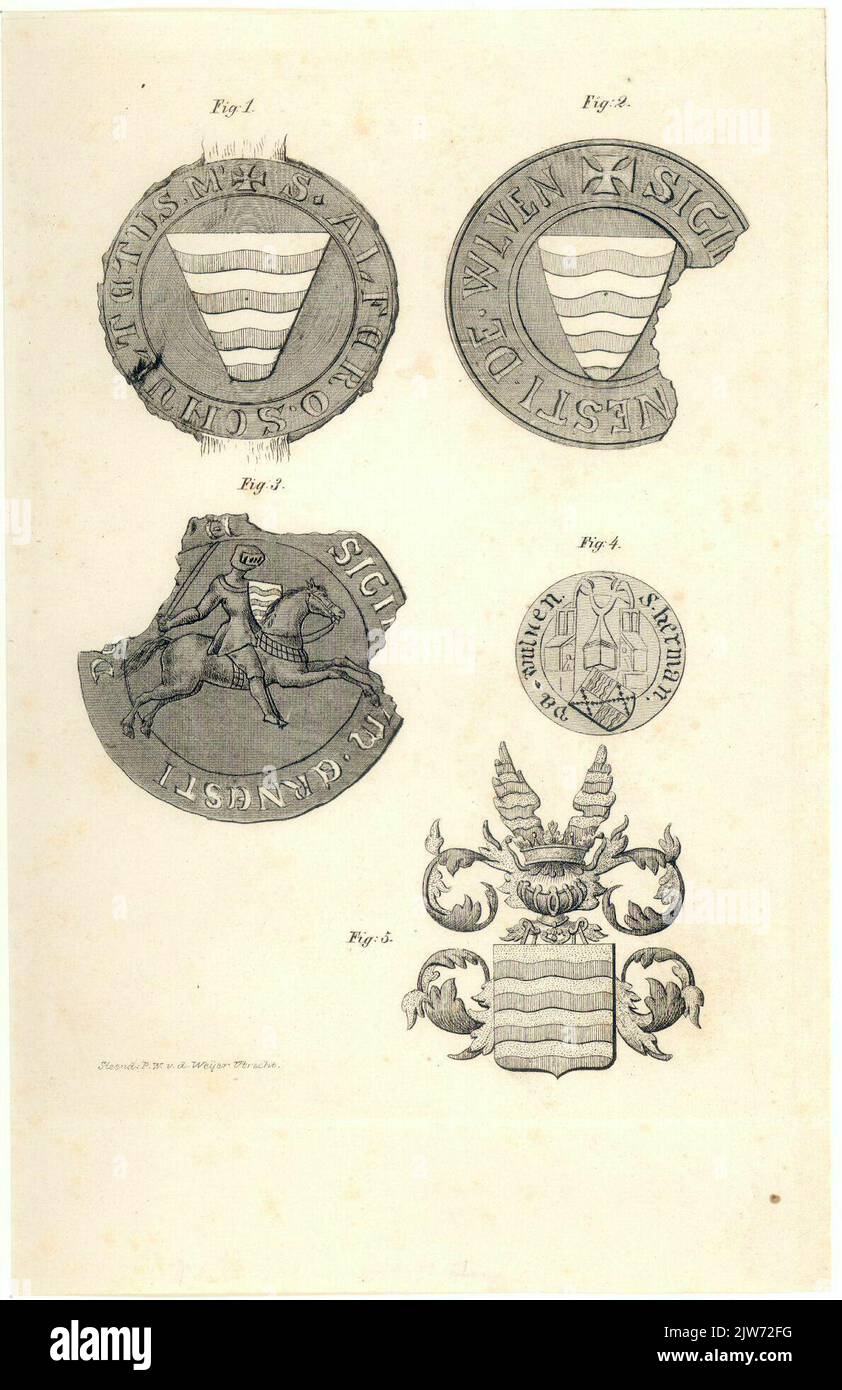 Image de quatre timbres et des armoiries de différents membres de la famille Van Wulven. Banque D'Images