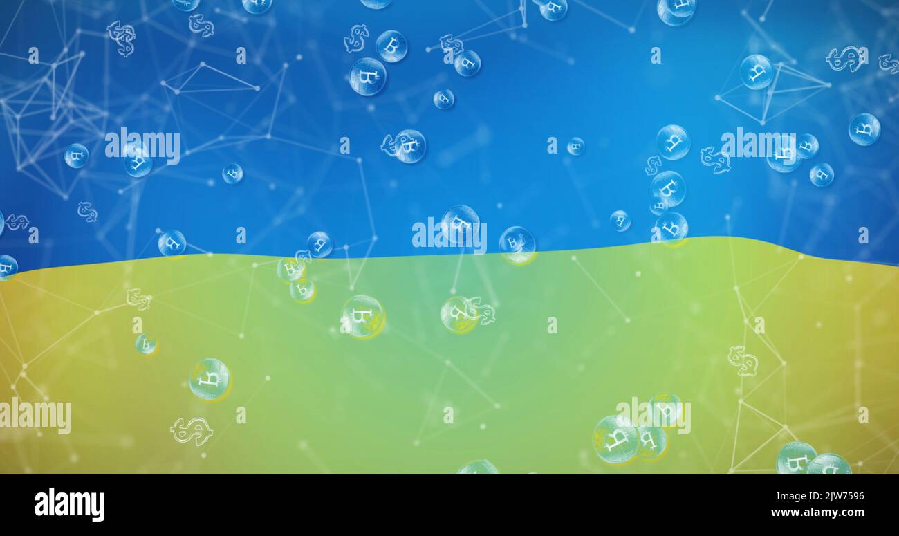Image des symboles bitcoin sur les formes et le drapeau de l'ukraine Banque D'Images