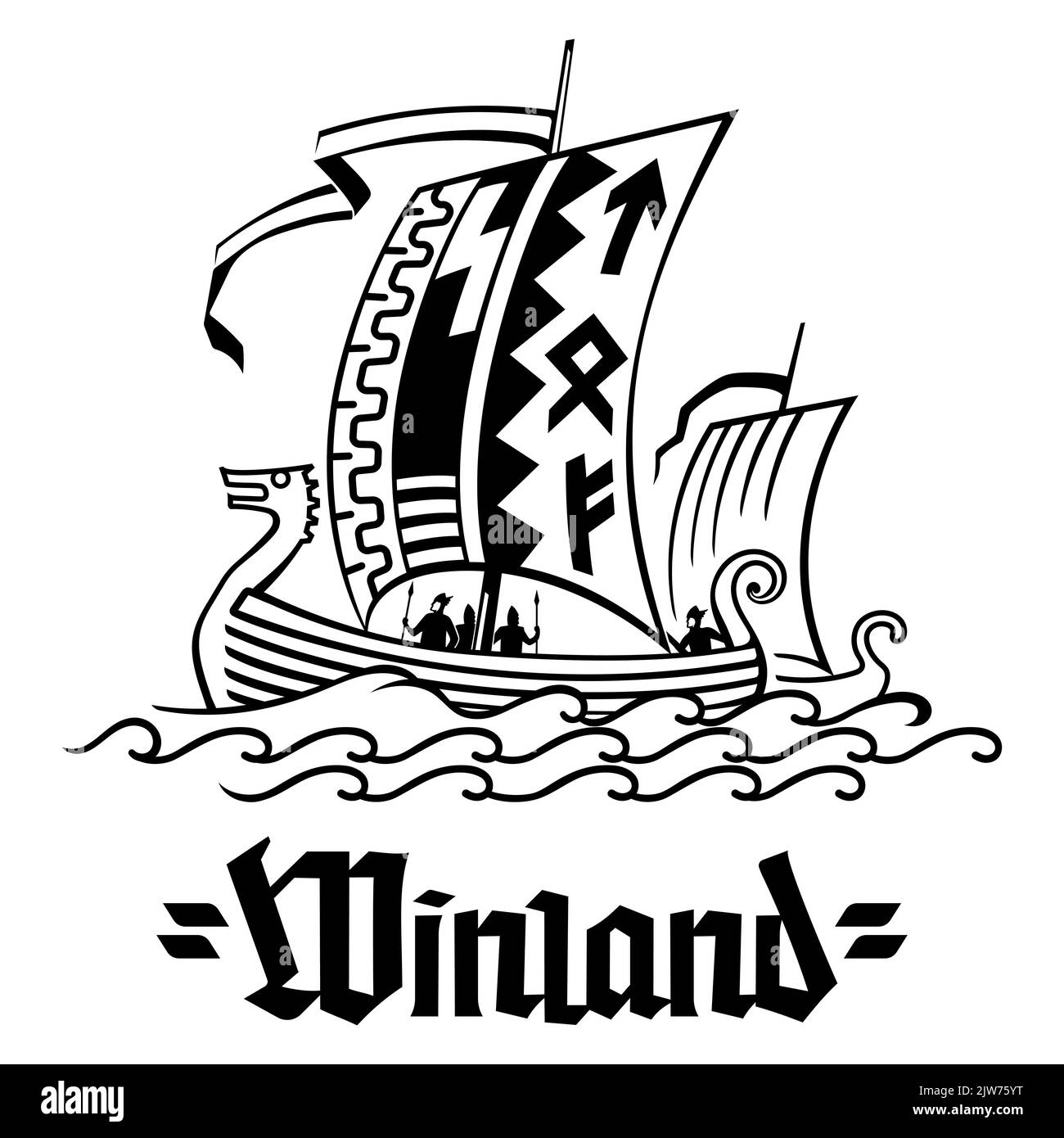 Design scandinave viking. Bateau Drakkar naviguant dans une mer orageux Illustration de Vecteur