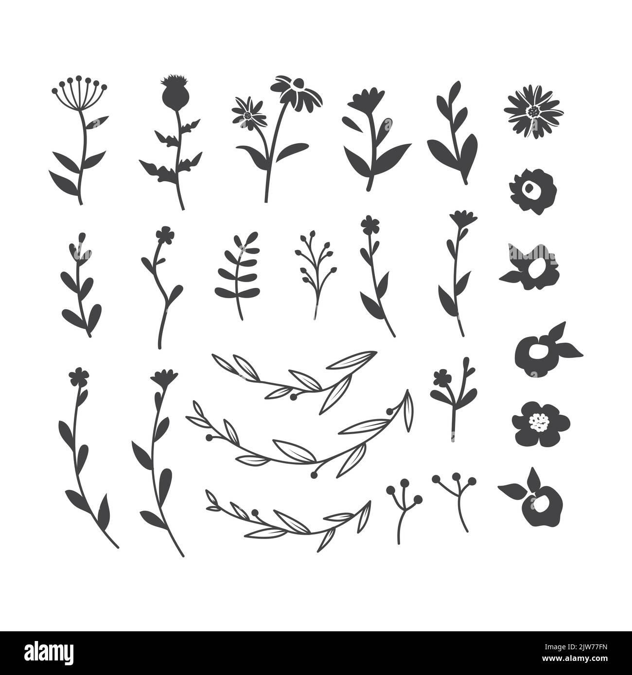 Ensemble de vecteurs de silhouette de fleurs et de branches. Décorations fleuries dessinées à la main. Icône de fleur noire. Illustration de Vecteur