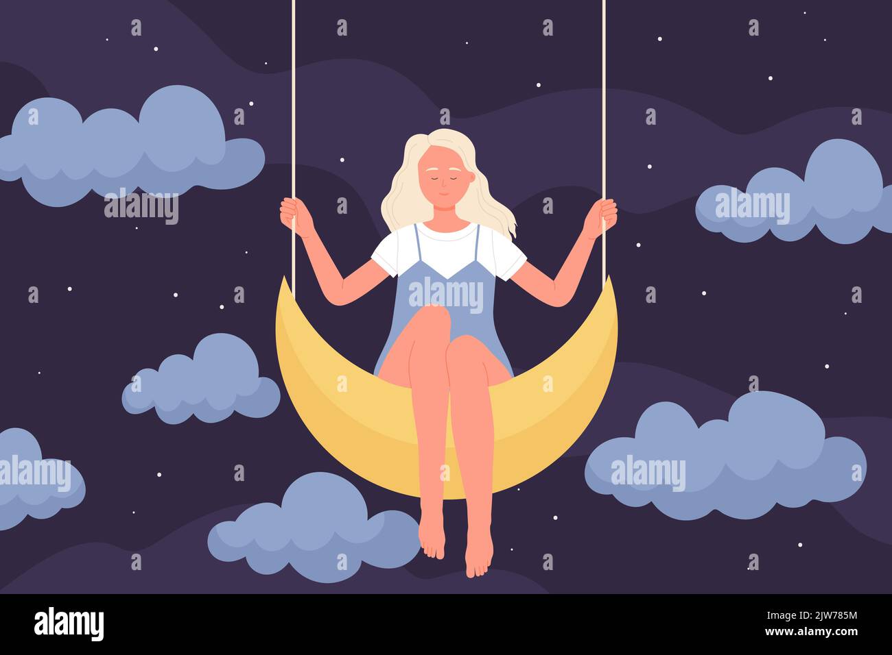 Fille assise sur la lune dans le sommeil à la nuit illustration de vecteur. Caricature jeune femme mignonne avec de longs cheveux de l'équitation croissant balançoire parmi silhouettes de nuages, fantaisie et rêves romantiques de caractère féminin Illustration de Vecteur