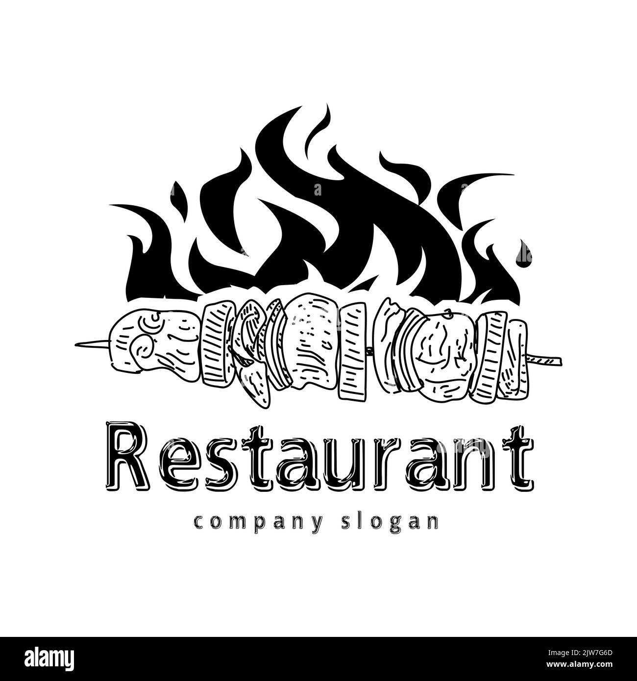 Les motifs flammes et texte ainsi que les éléments du gril bachiront le logo kebab. Illustration vectorielle. Illustration de Vecteur