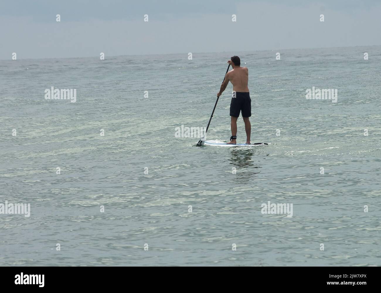 Un Paddleboarder près de la plage vers l'horizon à Emerald Isle, Caroline du Nord Banque D'Images Un Paddleboarder près de la plage vers l'horizon à Emerald Isle, Caroline du Nord Banque D'Images