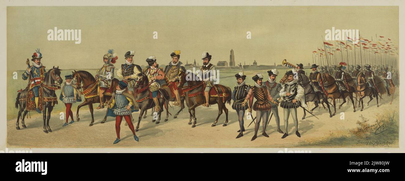 Deuxième magazine de la Maskerade des étudiants du corps des étudiants Utrechtsch le 22 juin 1886, à l'occasion du 50th anniversaire, représentant l'Union d'Utrecht (1579), la fondation de l'Hogeschool (1636) et la paix d'Utrecht (1713) . Banque D'Images