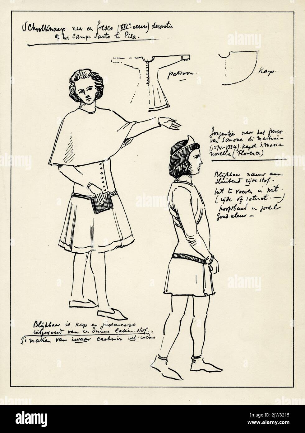 École knaap à une fresque (XIVe siècle) décoration sur le Campo Santo à Pise. Apparemment, la cagoule et le droit sont faits d'une fine feuille. Pour faire lourd cashmir Wit.crème./ garçon au Fresco de Simone di Martini (1274-1334). Chapelle S. Maria Novella (Florence). Tissu en soie apparemment très près. Peut être exécuté en blanc (soie ou satinat). Serre-tête et ceinture or. Couleur. Banque D'Images