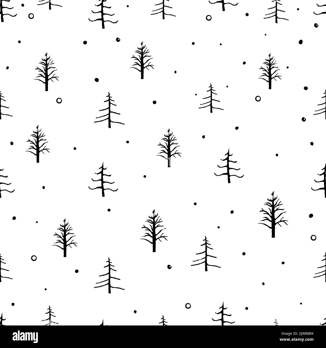 Motif sans couture avec arbres de Noël à dessins animés et flocons de neige sur un arrière-plan neutre Banque D'Images