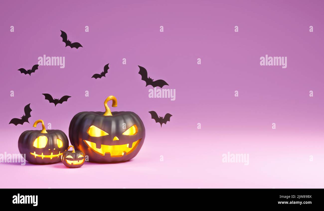 Trois citrouilles noires de halloween Jack O' Lantern. 3d illustration Banque D'Images