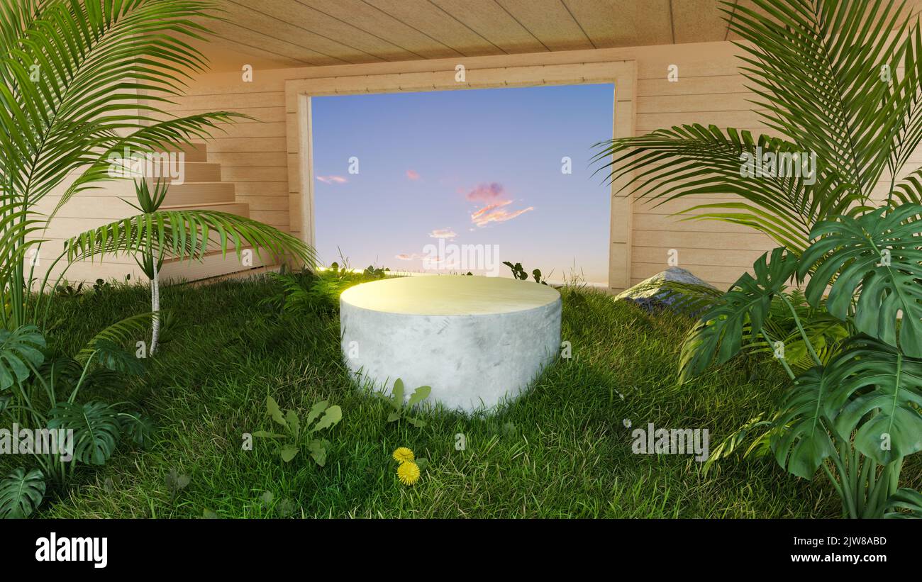 jardin dans une salle en bois avec podium pour mettre votre produit sur scène et présentation de produit, 3d rendu d'illustration Banque D'Images