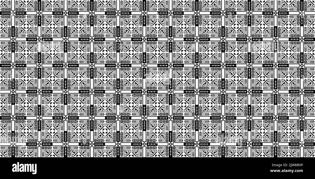 Grille géométrique monochrome arrière-plan style Pixel Art texture moderne en mosaïque abstraite noir et blanc Banque D'Images