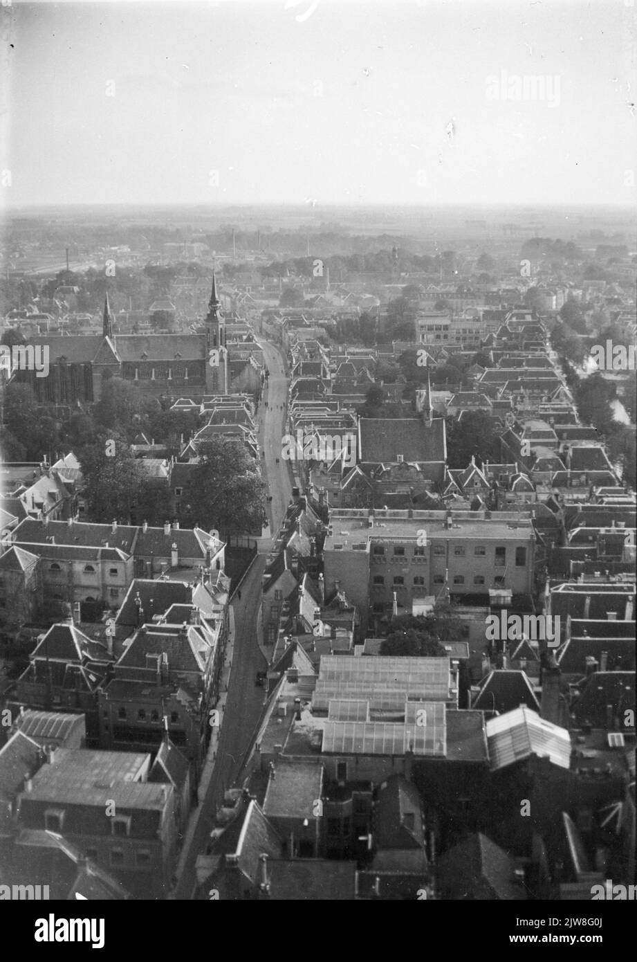 Vue d'ensemble de la partie sud du centre ville d'Utrecht, depuis la tour Dom, depuis le nord, avec la Lange Nieuwstraat au milieu. Banque D'Images