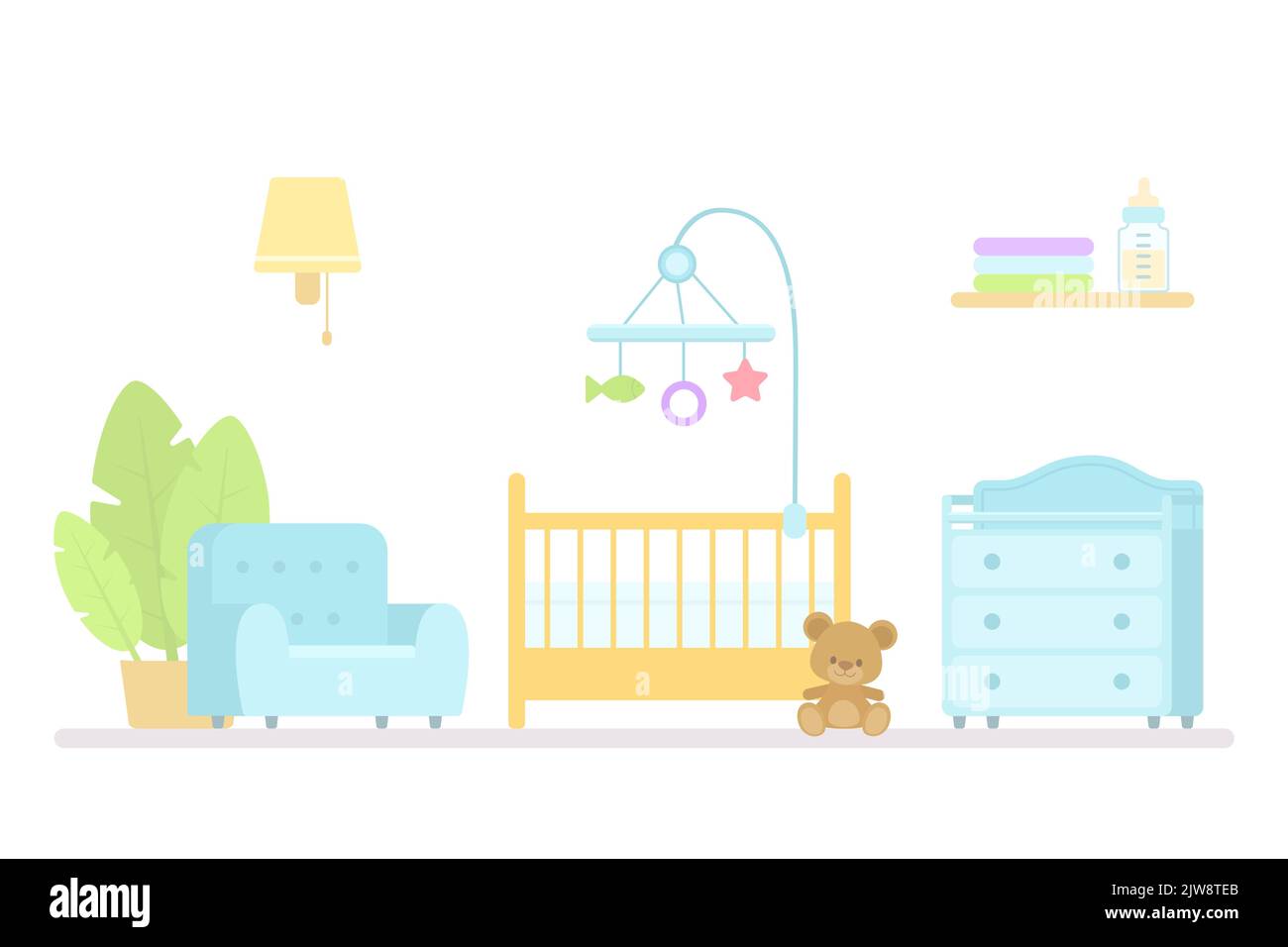 Lit bébé, table à langer et fauteuil pour bébé. Style dessin animé plat. Concept d'intérieur. Illustration vectorielle Illustration de Vecteur