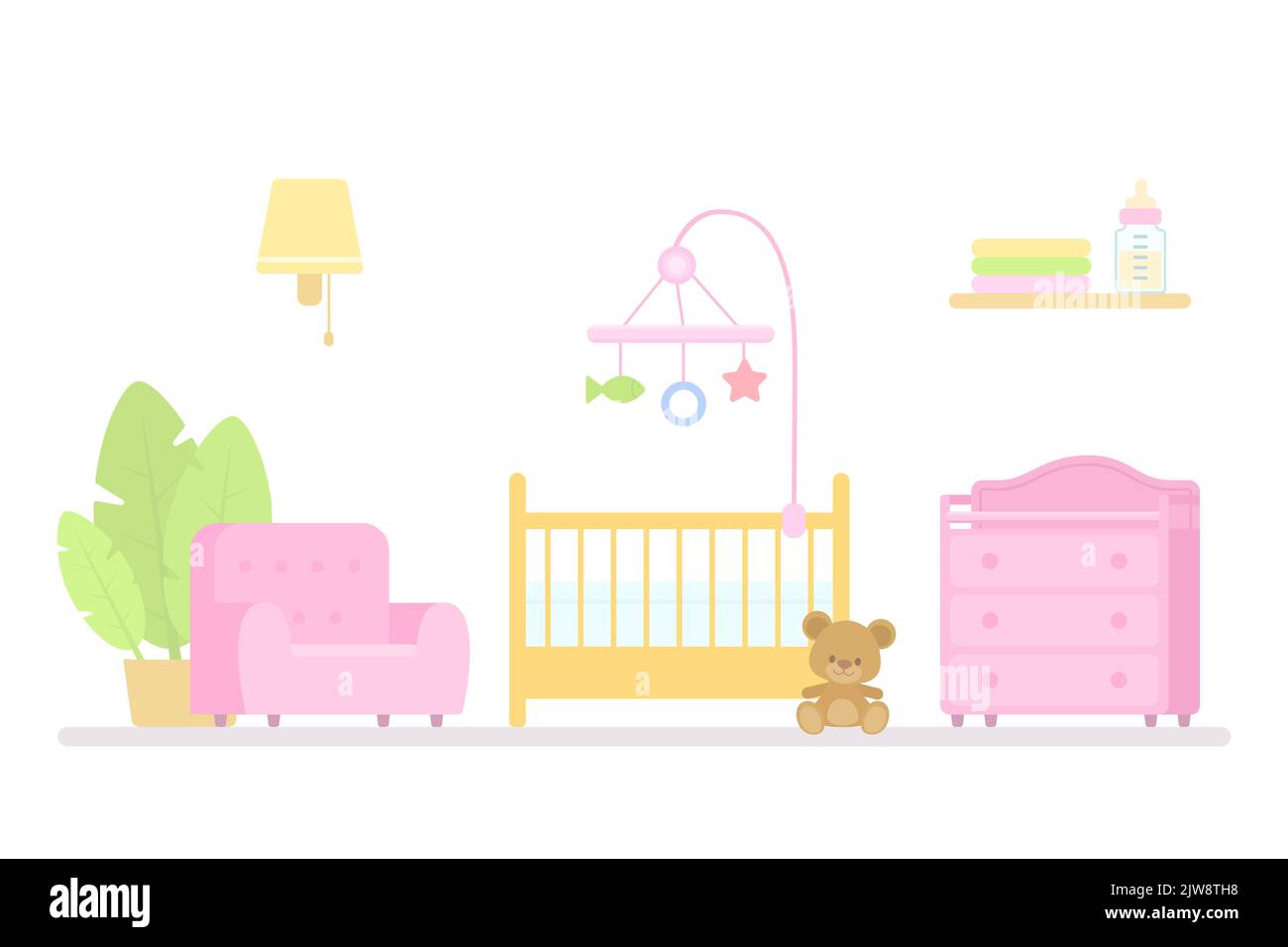 Lit bébé, table à langer et fauteuil pour bébé. Concept d'intérieur. Style dessin animé plat. Illustration vectorielle Illustration de Vecteur