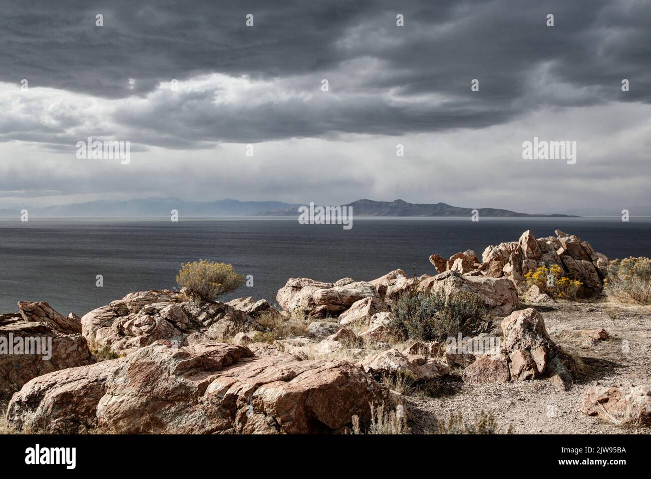 Une journée venteuse sur l'île Antelope dans le Grand lac Salt, Utah. Banque D'Images