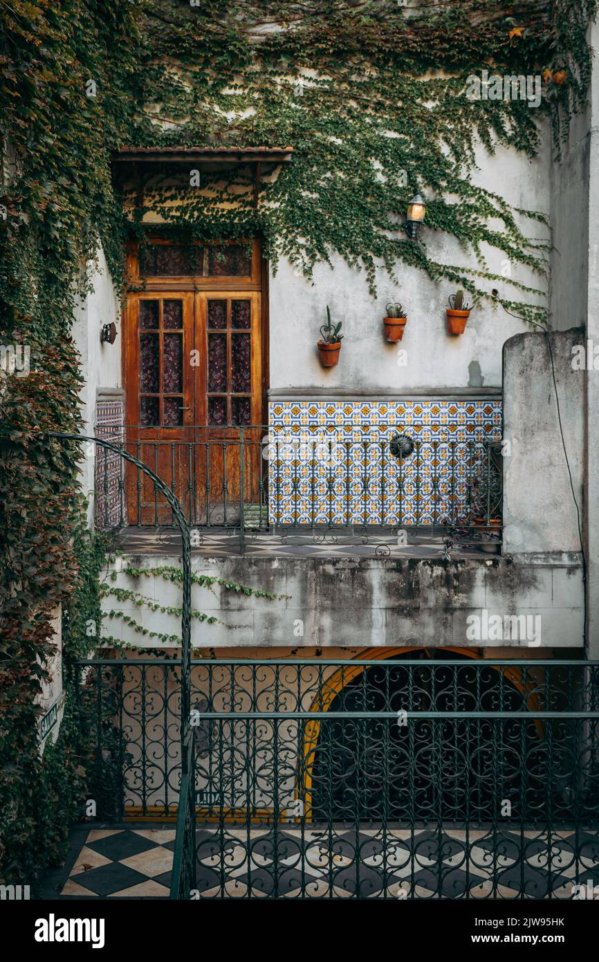 Porte de balcon en bois avec mur recouvert de vigne Banque D'Images