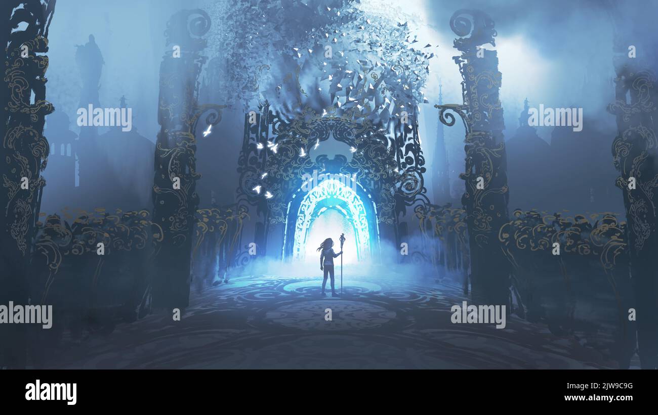 homme avec lance debout devant le couloir menant au château mystérieux, style d'art numérique, peinture d'illustration Banque D'Images