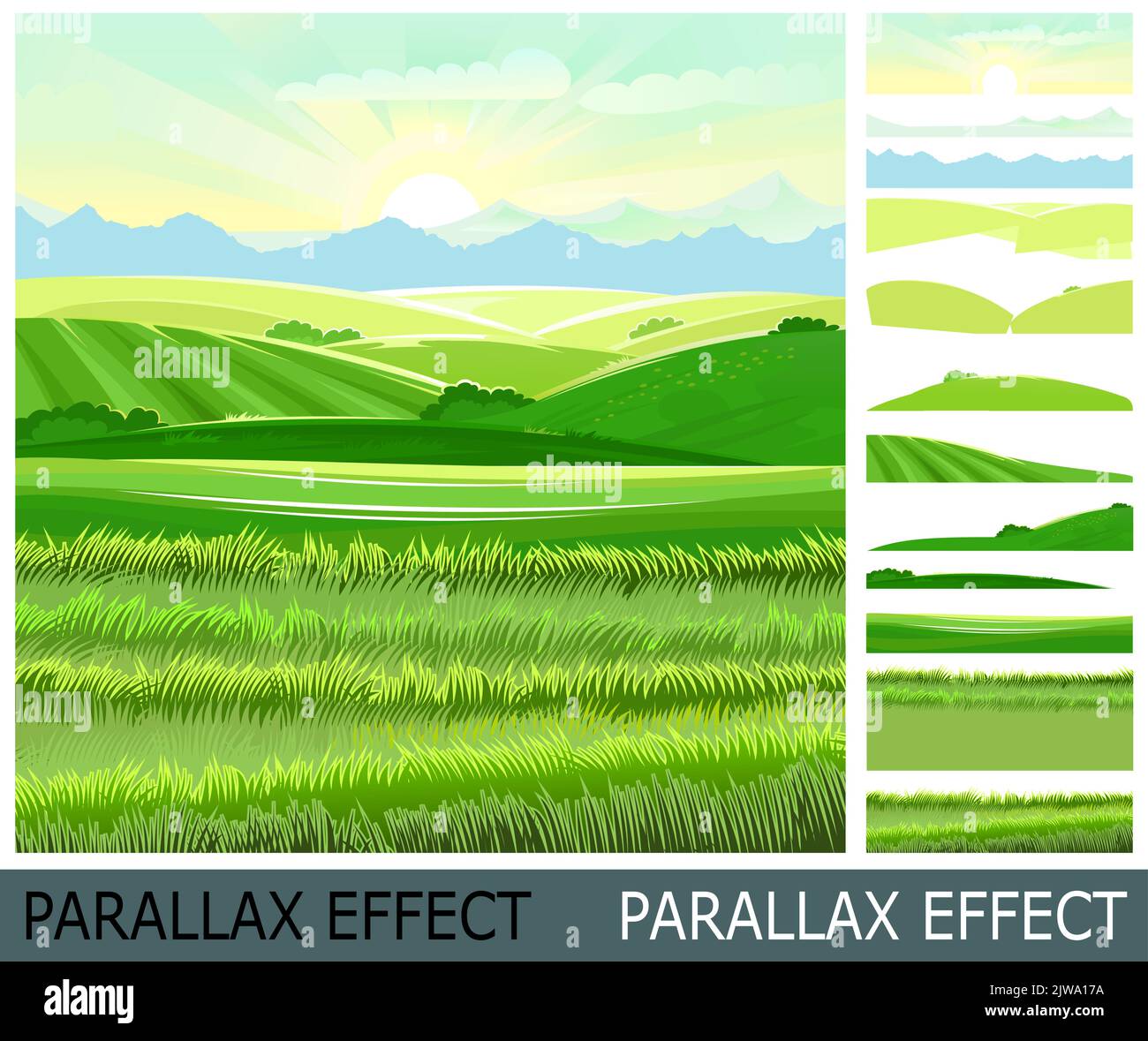 Collines des prairies avec jardins potagers et champs. Parcours et pâturages. Paysage rural. Image des calques pour une superposition avec effet de parallaxe. Vecteur. Illustration de Vecteur