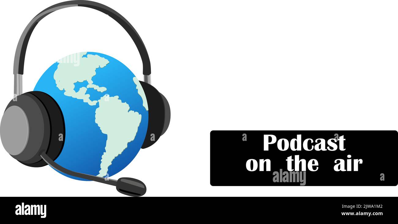 Illustration vectorielle de l'adorable bande dessinée planète Terre avec casque. Le concept du podcast en ligne mondial moderne. Sons du monde. Diffusion du logo Illustration de Vecteur