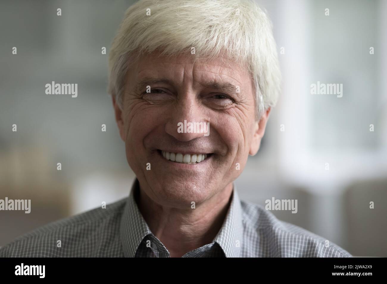 Heureux beau homme caucasien âgé aux cheveux gris posant à l'intérieur Banque D'Images