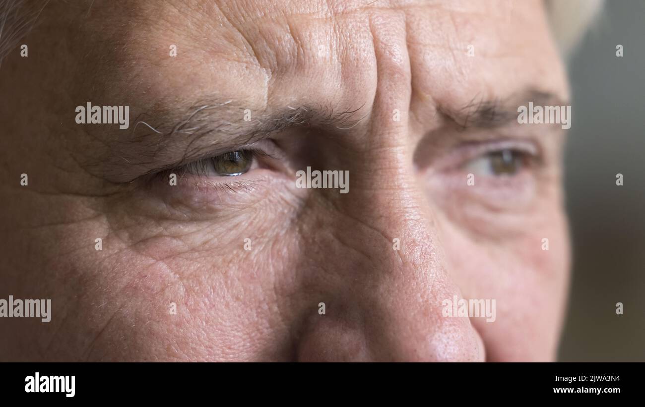 Les yeux bruns d'un homme gris sérieux et âgé regardent loin Banque D'Images