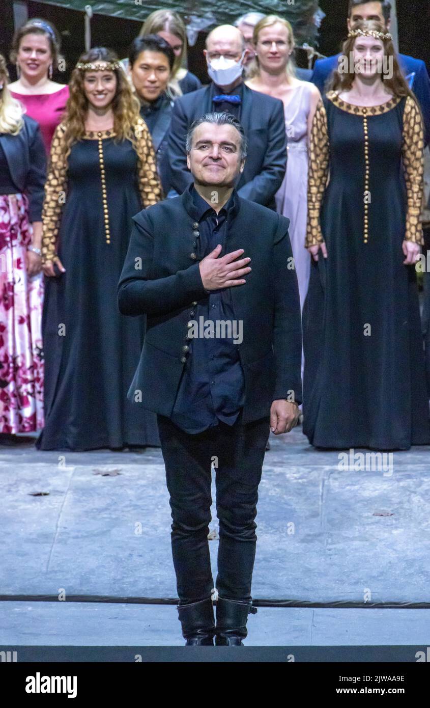 Markus Eiche, rideau d'appel à Wagner Tannhauser, Bayreuth Opera Festival 2022, Bavière, Allemagne Banque D'Images