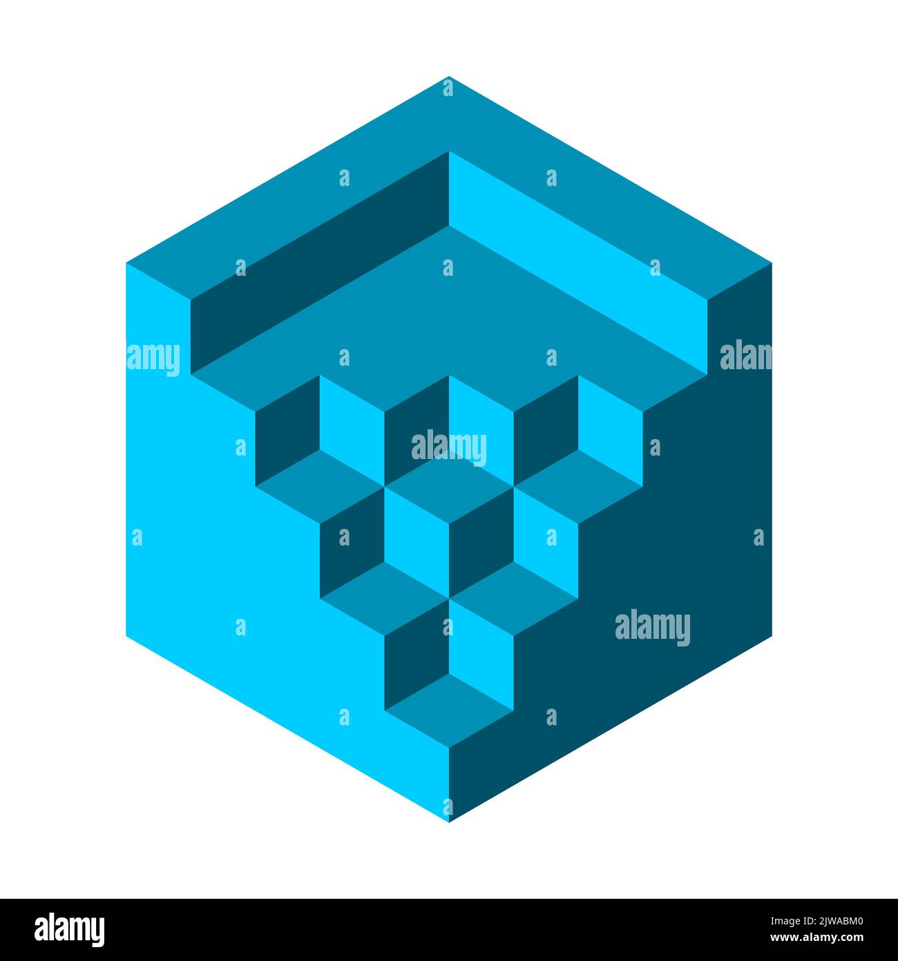 Objet cube abstrait avec petits cubes à différents niveaux. Forme isométrique. 3D objet géométrique. Construction, architecture, concept de bâtiment. Vecteur Illustration de Vecteur