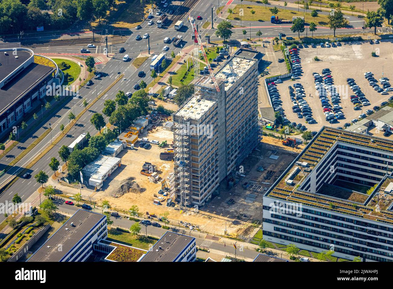 Vue aérienne, Office national d'enquête criminelle de Rhénanie-du-Nord-Westphalie, site de construction élevé B1 sur la restauration du bâtiment Völklinger Straße, Banque D'Images