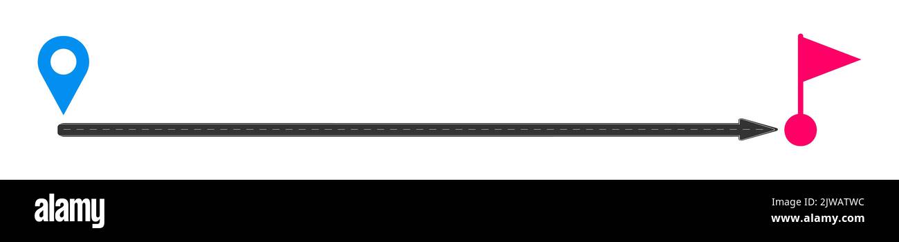 Route droite avec marquage de l'axe de carte de départ au panneau de drapeau de fin. Méthode simple, livraison rapide, court trajet, plan idéal, concept de vie simple. Illustration vectorielle plate Illustration de Vecteur