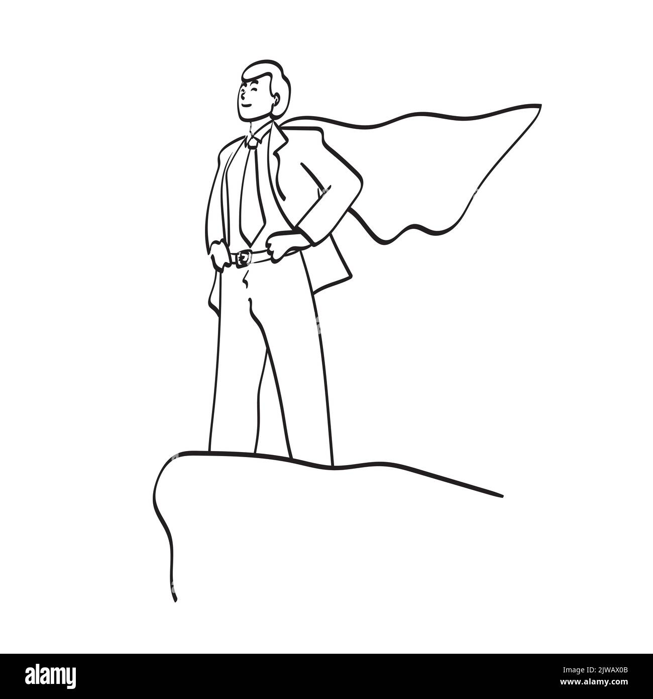 line art homme d'affaires avec cape debout sur le pic de montagne illustration vecteur dessiné à la main isolé sur fond blanc Illustration de Vecteur
