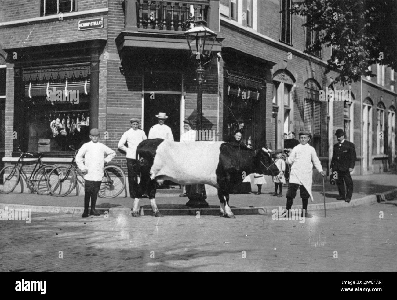 Photo de bouchers avec une vache pour boucherie de la boutique Snel (Hempstraat 1/Hoek Griftstraat) à Utrecht. Banque D'Images
