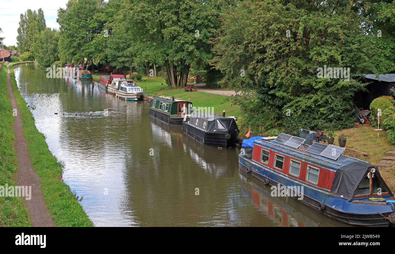 Les barges du canal Bridgewater à Moore, Halton, Cheshire, Angleterre, Royaume-Uni, WA4 6UD Banque D'Images