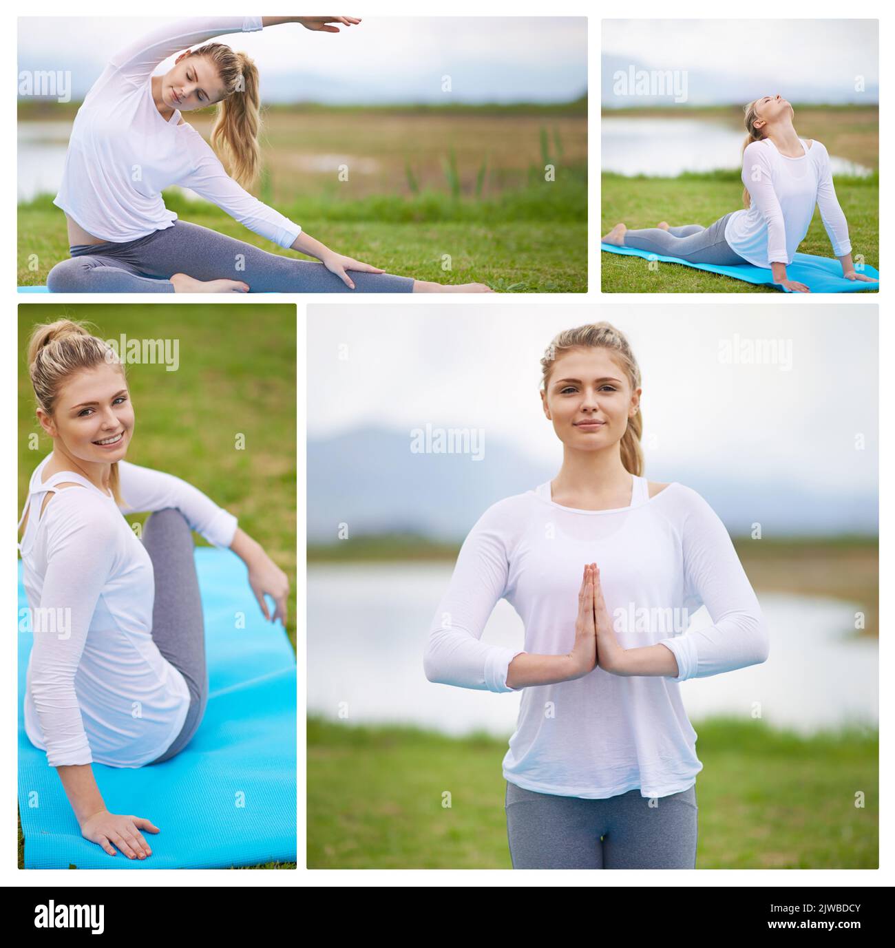 Le yoga peut vous aider à être la meilleure version de vous-même. Image composite d'une jeune femme attrayante pratiquant le yoga en plein air. Banque D'Images