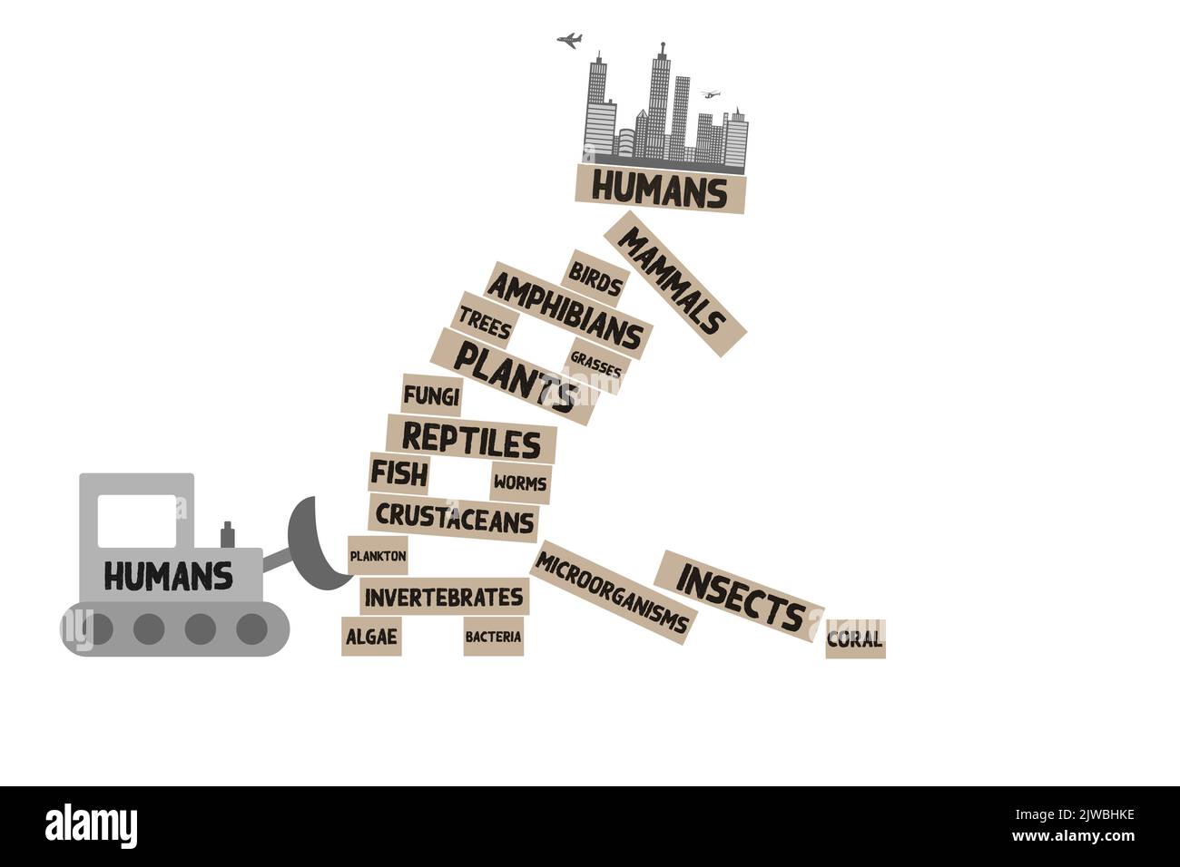 Impact de la perte de biodiversité sur les humains, COP15, impact des humains, instabilité causée par la perte d'animaux, de plantes et de champignons par l'impact des humains, Banque D'Images