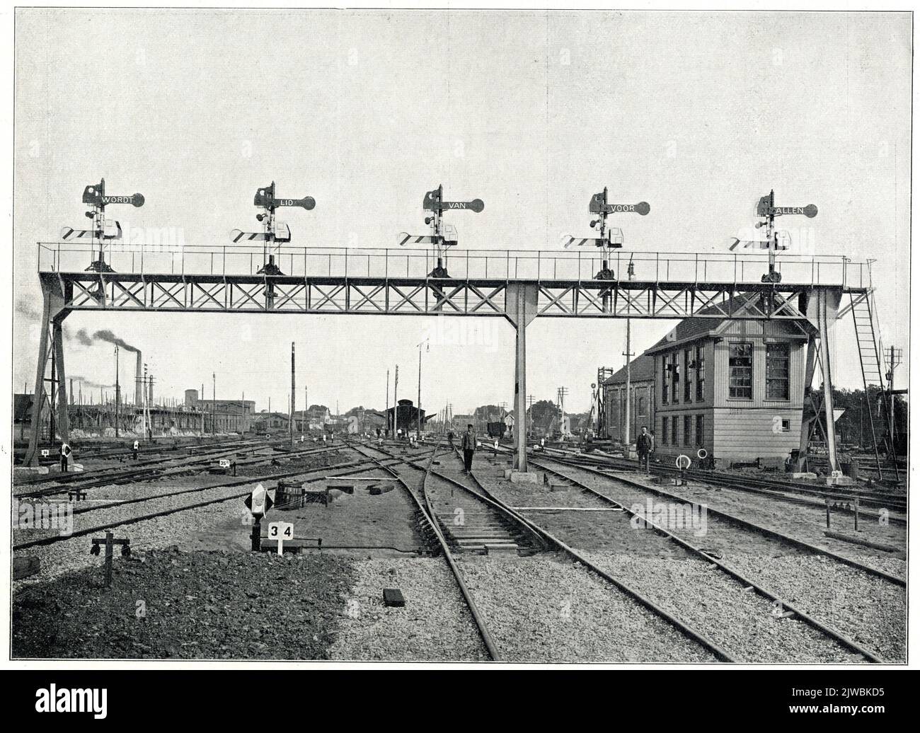 Vue de la cour de la station H.S.M. Almelo à Almelo, avec le Pont de Sin en premier plan avec la publicité 'devient membre de pour tous' (association coopérative pour tous les H.IJ.S.M.). Sur la droite une maison de signalisation. Banque D'Images