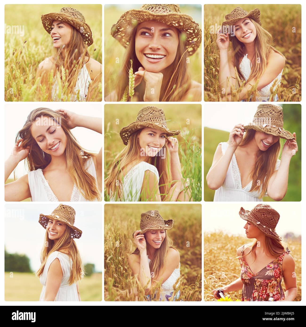 Respirez l'air frais de la campagne. Image composite d'une belle jeune femme à l'extérieur dans un champ. Banque D'Images