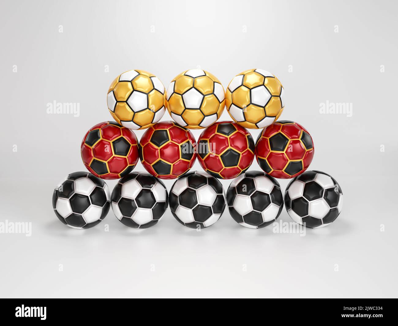 Set of colored soccer ball on white background. 3D Rendering. multi color football design. Banque D'Images