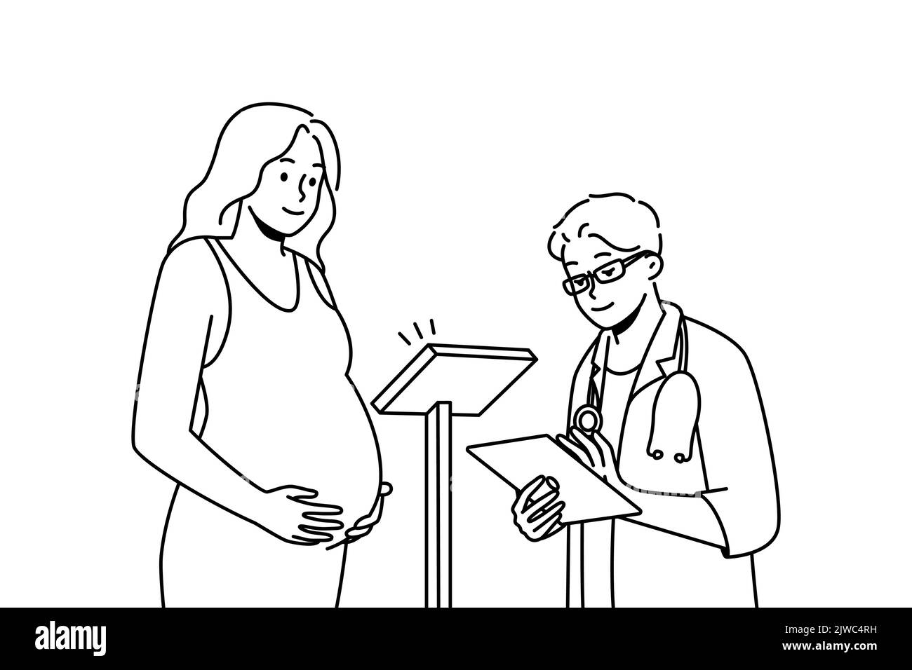 Médecin vérifiant la femme enceinte à l'hôpital. GP mâle peser la femme enceinte à un rendez-vous en clinique. Santé et médecine. Illustration vectorielle. Illustration de Vecteur