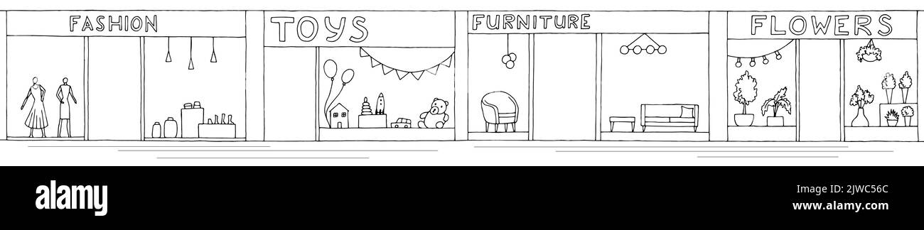Centre commercial graphique noir blanc intérieur long dessin illustration vecteur Illustration de Vecteur