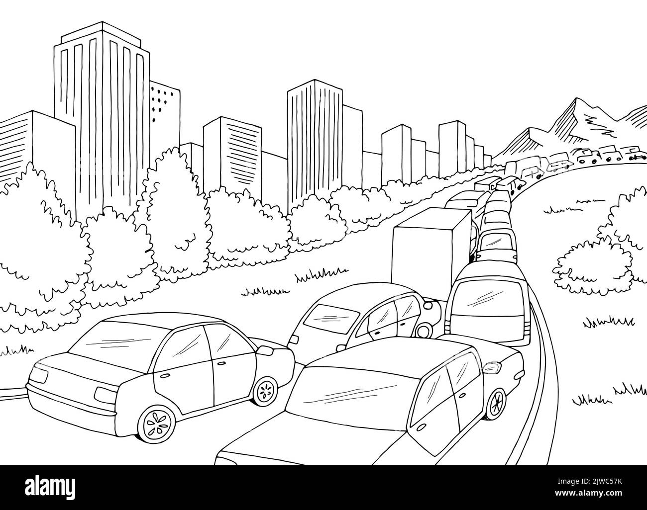 Embouteillage route graphique noir blanc ville paysage dessin illustration vecteur Illustration de Vecteur