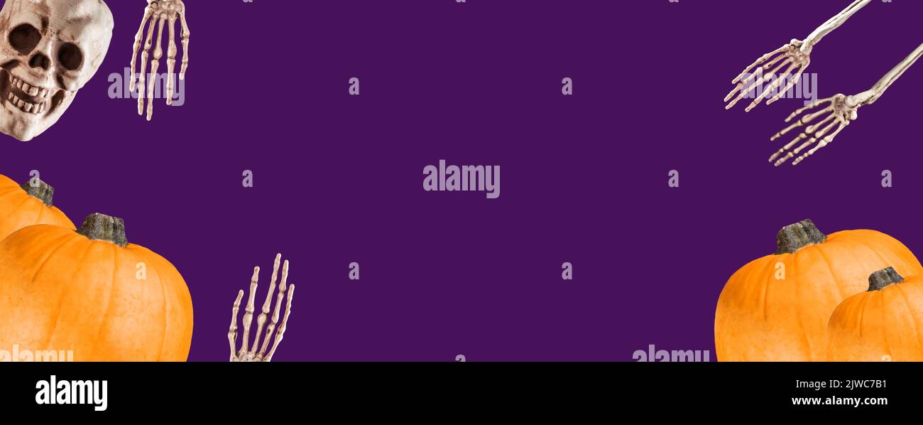 Halloween. Bannière avec citrouilles, crâne humain et mains squelette sur fond violet. Symboles des fêtes d'octobre. Place pour le texte . Photo de haute qualité Banque D'Images