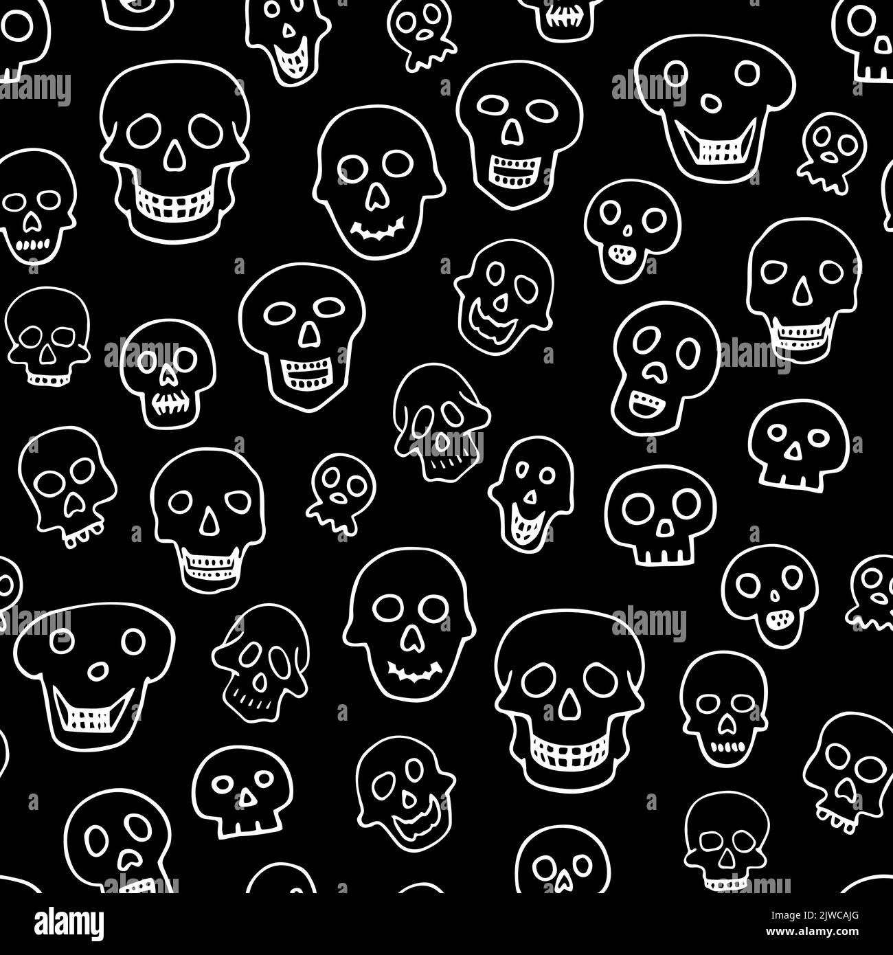 Doodle Halloween sculptent un motif sans couture. Esquisser le squelette sur fond noir. Crâne effrayant dessiné à la main. Personnage d'esquisse mystique. Illustration vectorielle Illustration de Vecteur