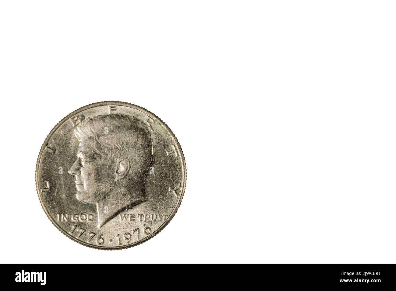 Vue rapprochée de l'avant de la pièce de la moitié du dollar américain datée du 1776-1976. Concept numismatique. Banque D'Images