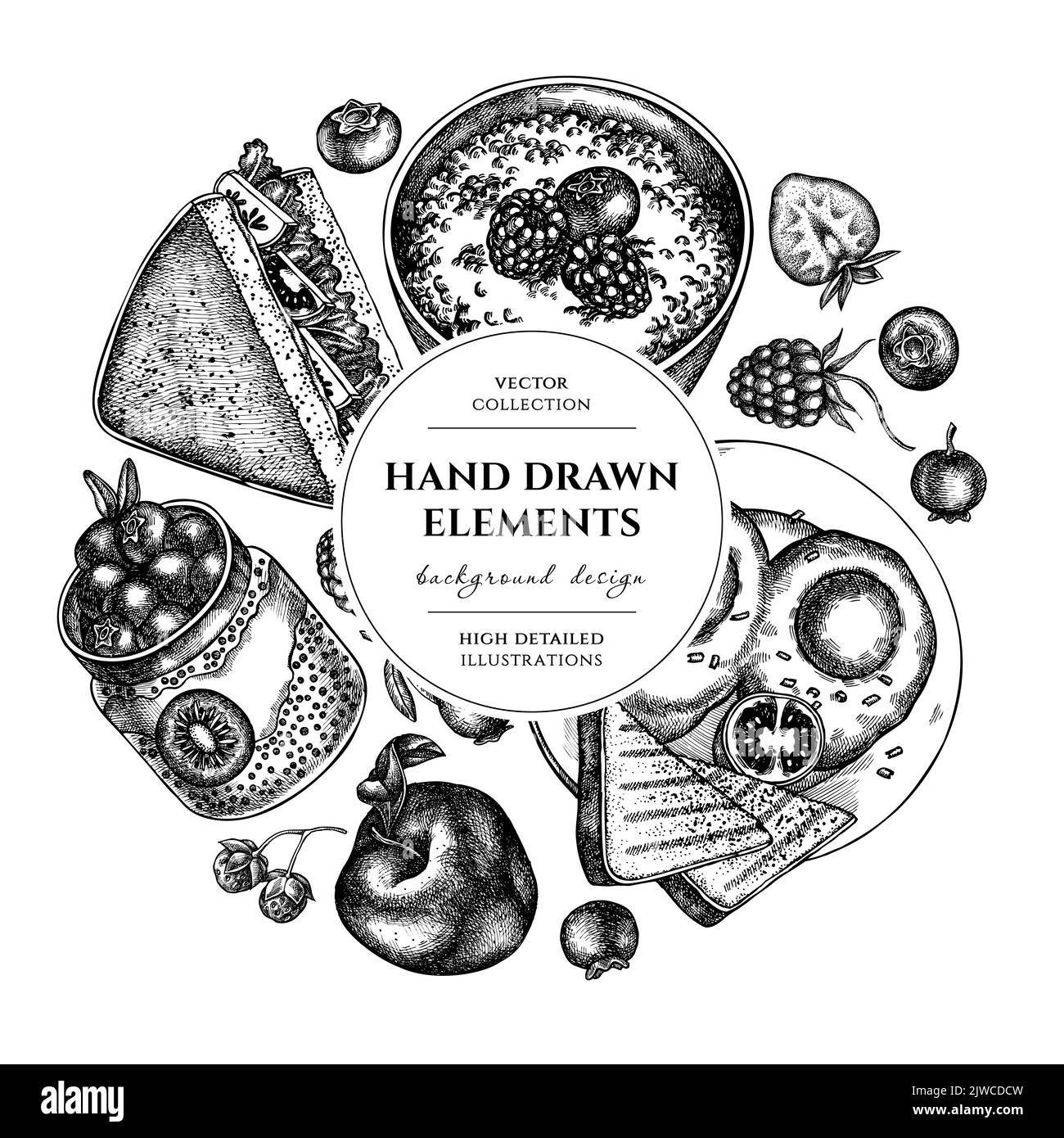 Motif petit déjeuner circulaire. Sandwich tiré à la main, bol avec avocat, porridge avec baies, gâteau au chia, oeufs frits, framboise, myrtille, fraise Illustration de Vecteur